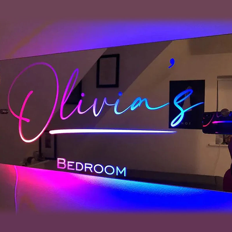 Personalized Neon LED Light-Up Name Mirror, Stylish Bedroom Wall Decoration