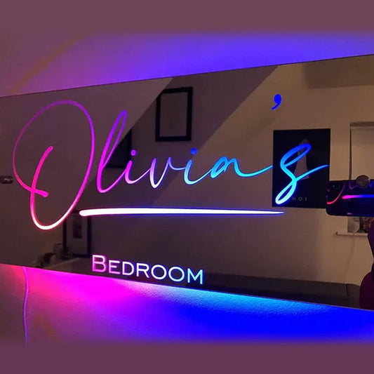 Personalized Neon LED Light-Up Name Mirror, Stylish Bedroom Wall Decoration