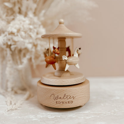 Personalized Wooden Musical Carousel - Personalized Wooden Musical Carousel - Engraved Souvenir - Carousel Train Music Box