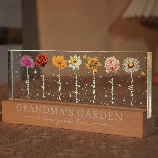 Grandma’s Garden Birth Month Flowers Personalized Acrylic Block LED Night Light, Christmas Gift For Grandma, Mom, Auntie, Sister