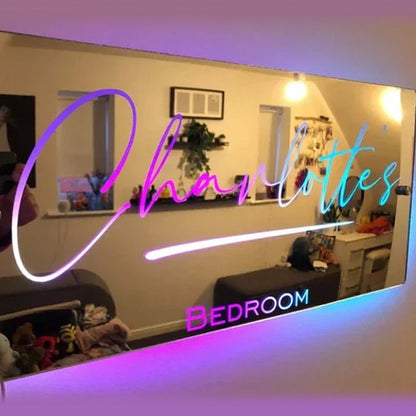 Personalized Neon LED Light-Up Name Mirror, Stylish Bedroom Wall Decoration