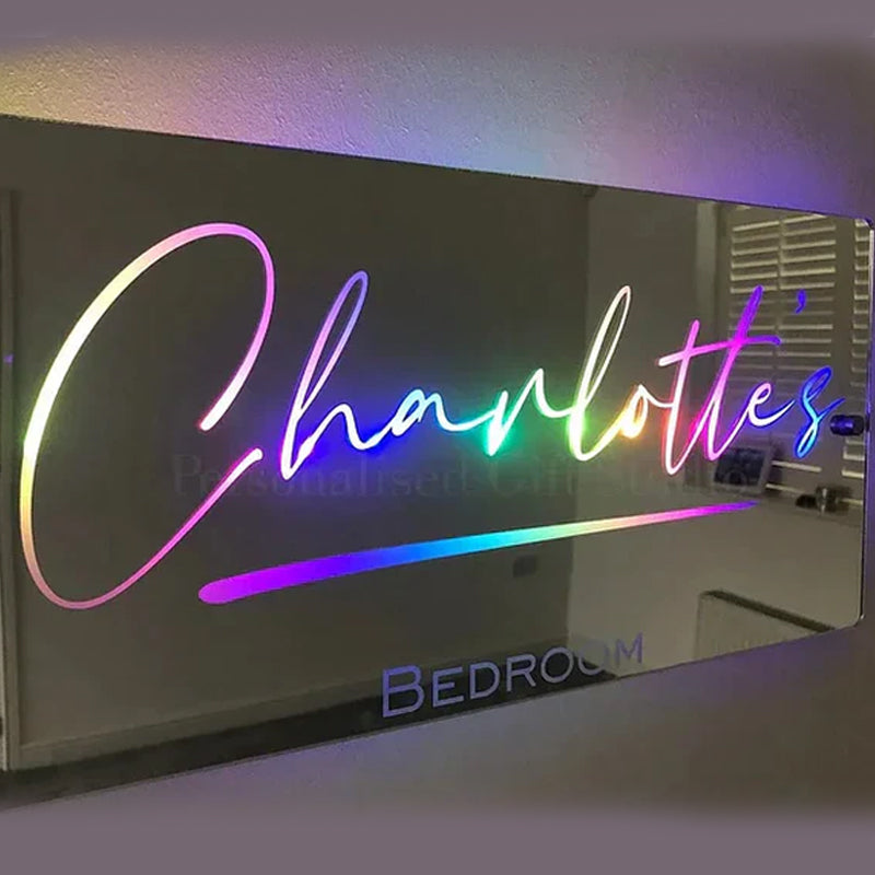 Personalized Neon LED Light-Up Name Mirror, Stylish Bedroom Wall Decoration